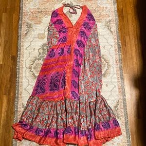 Silk halter patchwork maxi dress